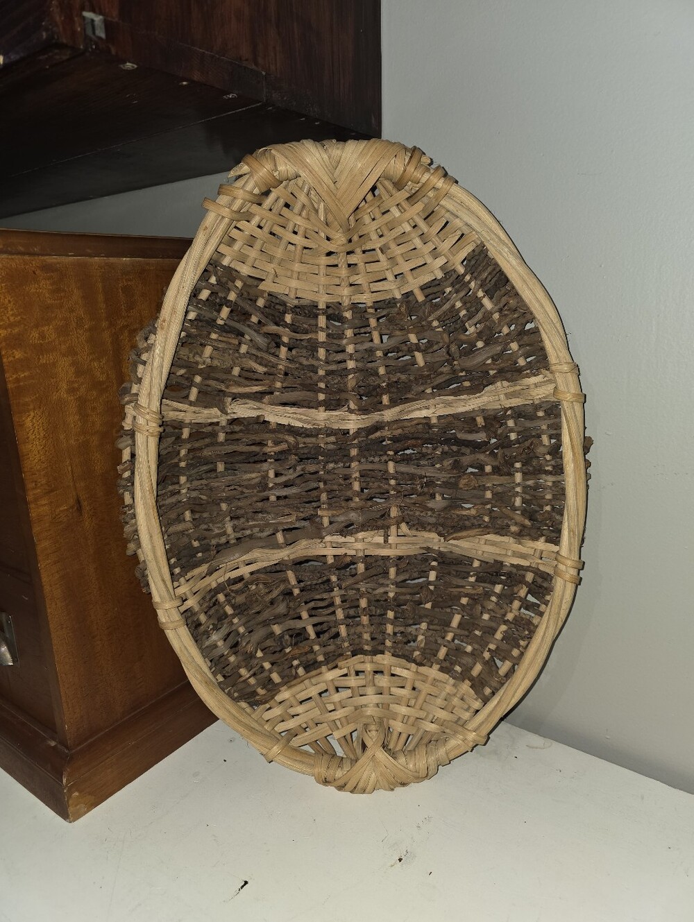 Vintage Handwoven Rustic Willow Gathering 2-Tone Basket with Natural Twigs
